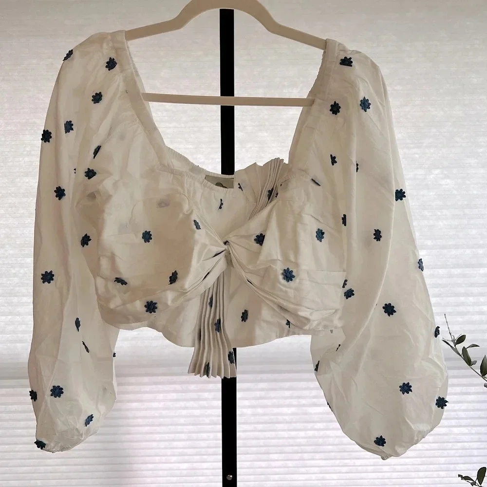 FARM Rio White Puff-Sleeve Tie-Front Blouse with Blue Embroidery